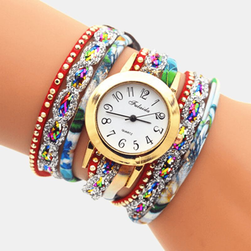 Vintage Coloré Impression Femmes Bracelet Montre Multi-couche Métal Strass Pu Quartz Montre