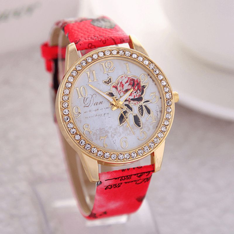 Vintage Idyllique Fleur De Pivoine Motif Bracelet En Cuir Femmes Montre À Quartz