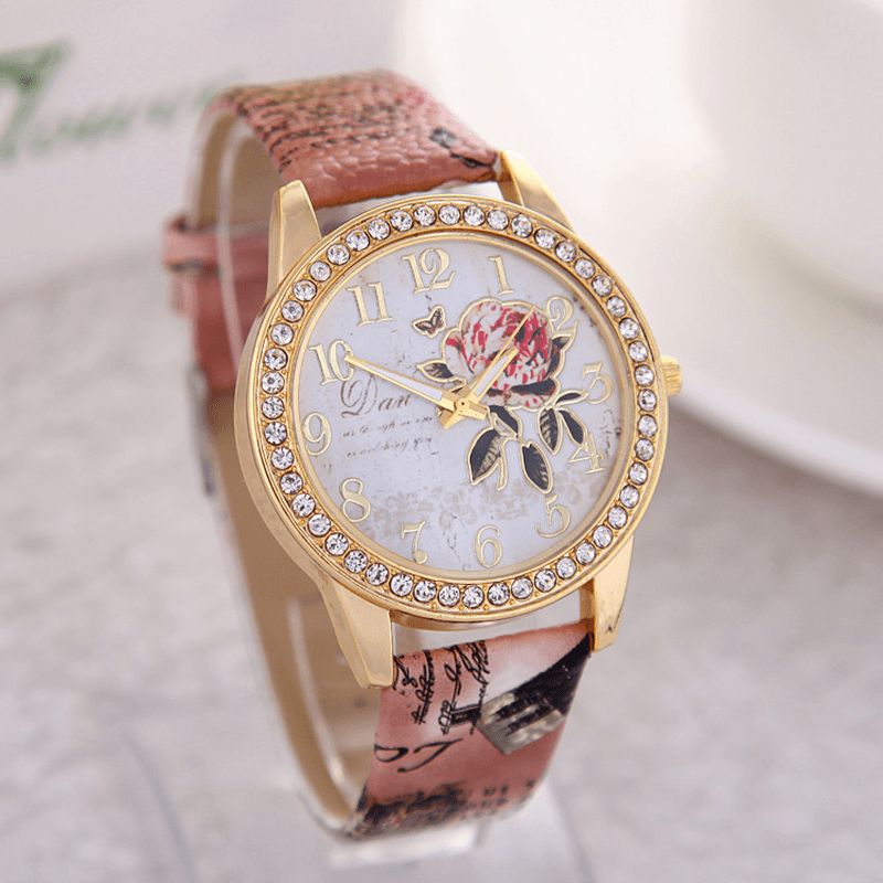 Vintage Idyllique Fleur De Pivoine Motif Bracelet En Cuir Femmes Montre À Quartz