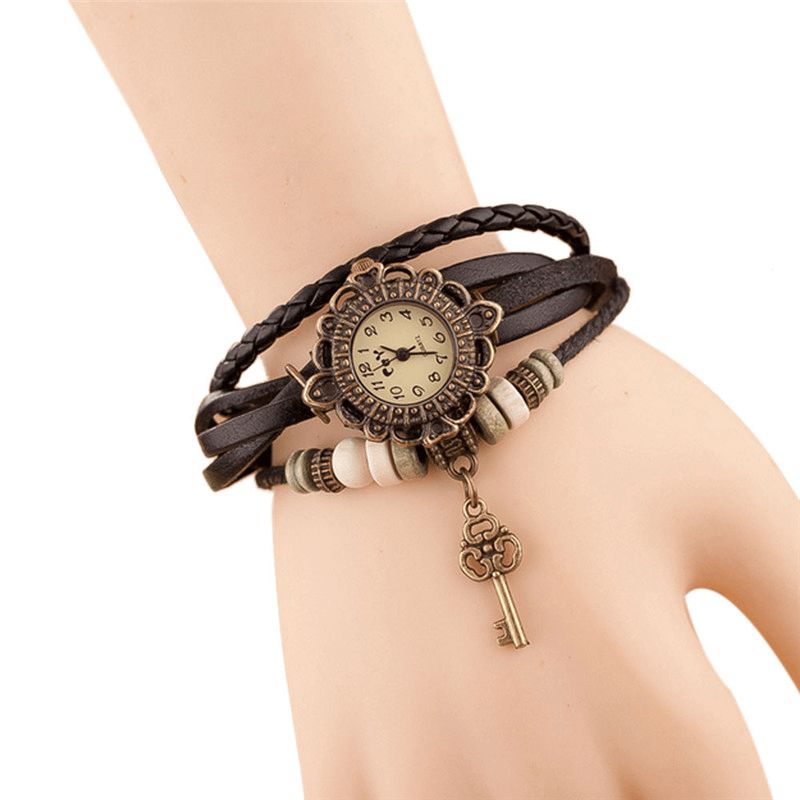 Vintage Multicouche Clé Pendentif Bracelet En Cuir Femmes Montre À Quartz Bracelet Montre