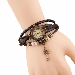 Vintage Multicouche Clé Pendentif Bracelet En Cuir Femmes Montre À Quartz Bracelet Montre