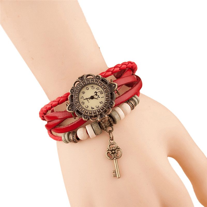 Vintage Multicouche Clé Pendentif Bracelet En Cuir Femmes Montre À Quartz Bracelet Montre