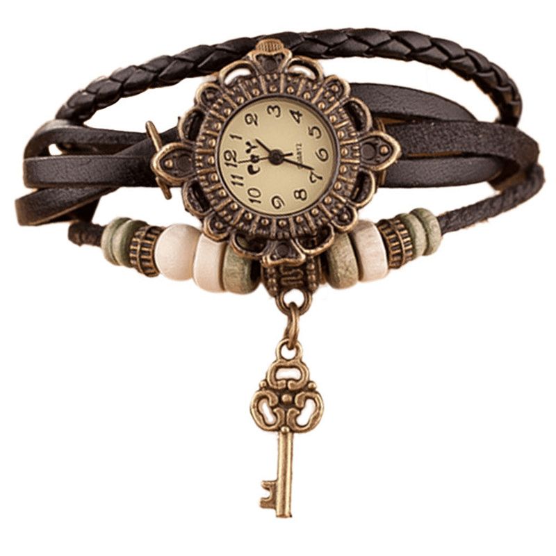 Vintage Multicouche Clé Pendentif Bracelet En Cuir Femmes Montre À Quartz Bracelet Montre