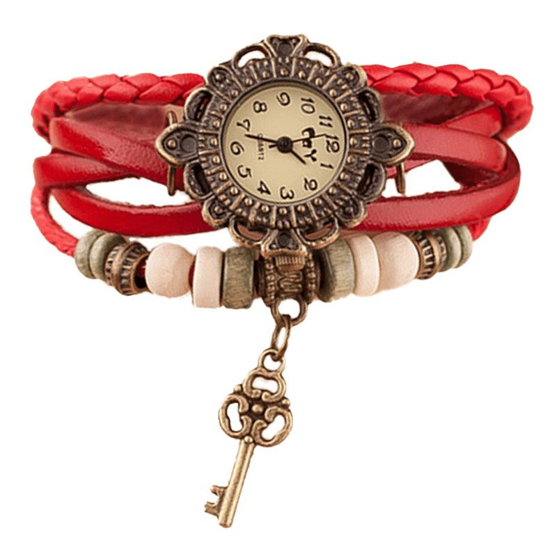 Vintage Multicouche Clé Pendentif Bracelet En Cuir Femmes Montre À Quartz Bracelet Montre