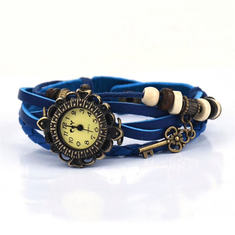 Vintage Multicouche Clé Pendentif Bracelet En Cuir Femmes Montre À Quartz Bracelet Montre