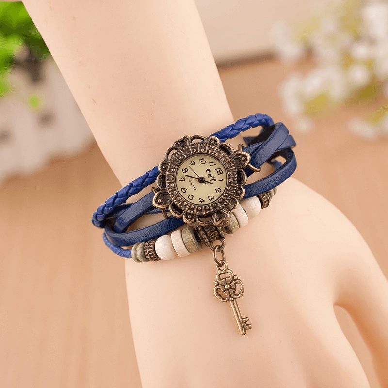 Vintage Multicouche Clé Pendentif Bracelet En Cuir Femmes Montre À Quartz Bracelet Montre