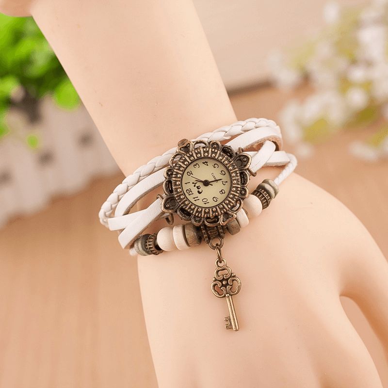 Vintage Multicouche Clé Pendentif Bracelet En Cuir Femmes Montre À Quartz Bracelet Montre