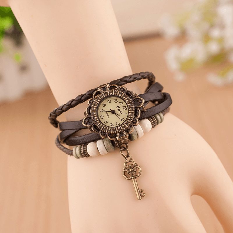 Vintage Multicouche Clé Pendentif Bracelet En Cuir Femmes Montre À Quartz Bracelet Montre