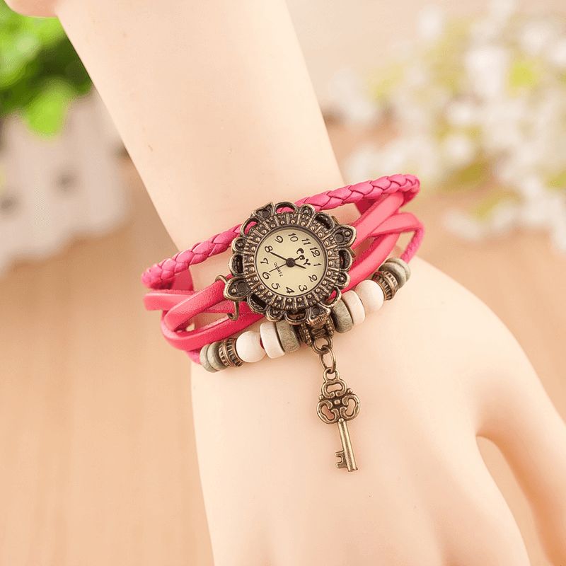 Vintage Multicouche Clé Pendentif Bracelet En Cuir Femmes Montre À Quartz Bracelet Montre