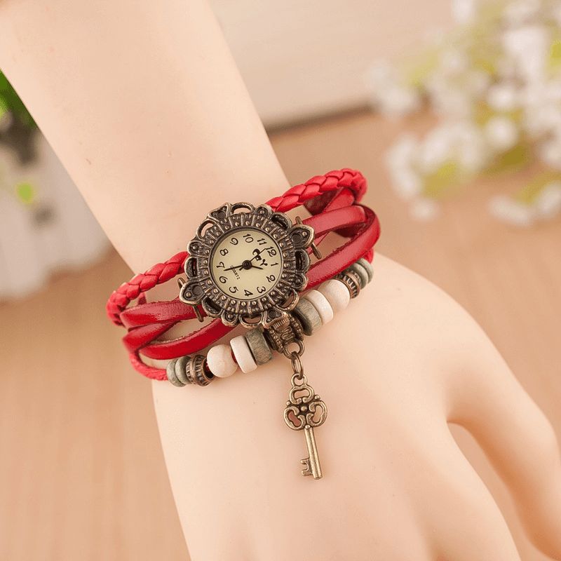 Vintage Multicouche Clé Pendentif Bracelet En Cuir Femmes Montre À Quartz Bracelet Montre