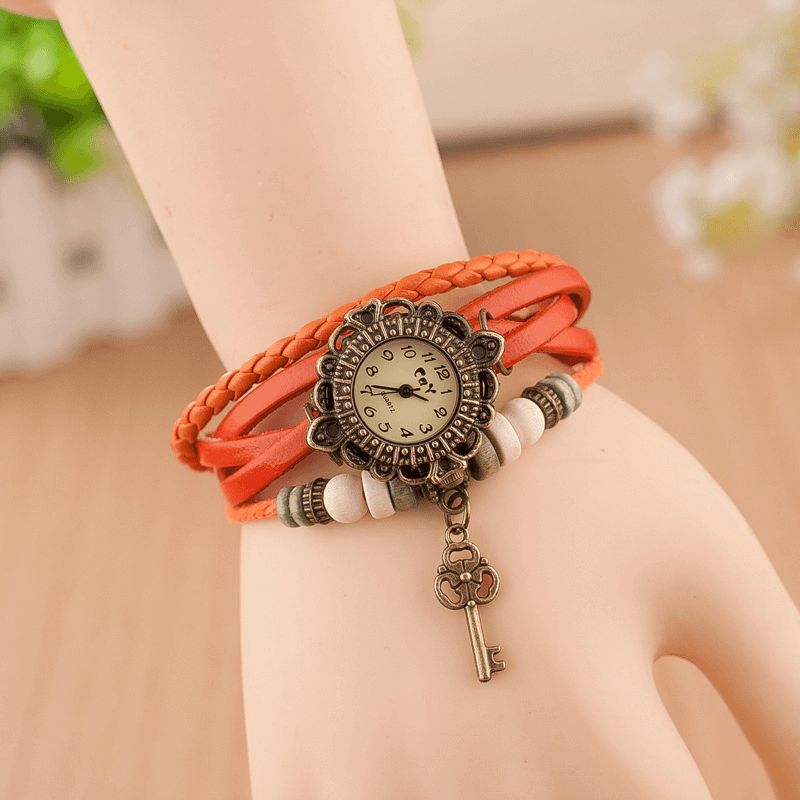 Vintage Multicouche Clé Pendentif Bracelet En Cuir Femmes Montre À Quartz Bracelet Montre