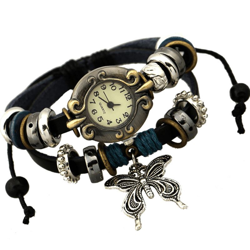 Vintage Multicouche Cuir De Vache Femmes Bracelet Montre Papillon Pendentif Montre À Quartz