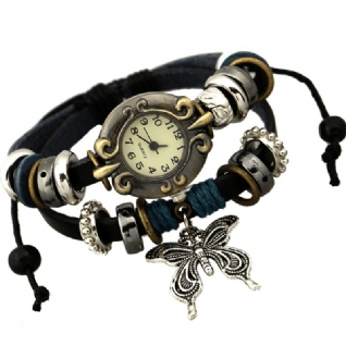 Vintage Multicouche Cuir De Vache Femmes Bracelet Montre Papillon Pendentif Montre À Quartz