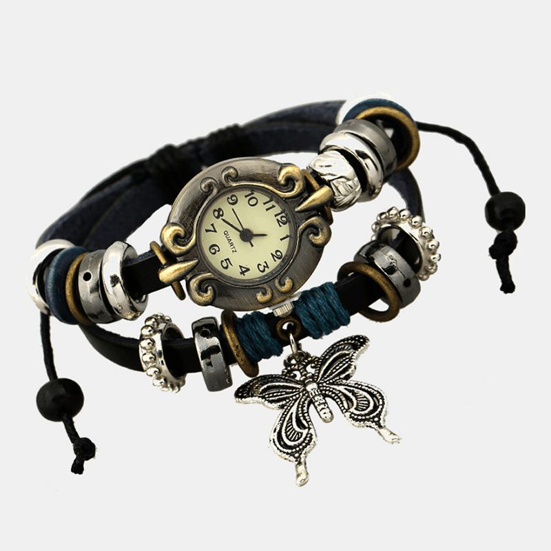 Vintage Multicouche Cuir De Vache Femmes Bracelet Montre Papillon Pendentif Montre À Quartz