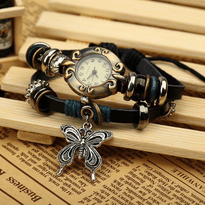 Vintage Multicouche Cuir De Vache Femmes Bracelet Montre Papillon Pendentif Montre À Quartz