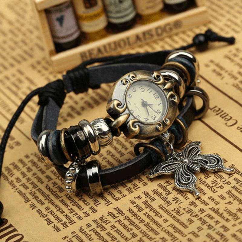 Vintage Multicouche Cuir De Vache Femmes Bracelet Montre Papillon Pendentif Montre À Quartz