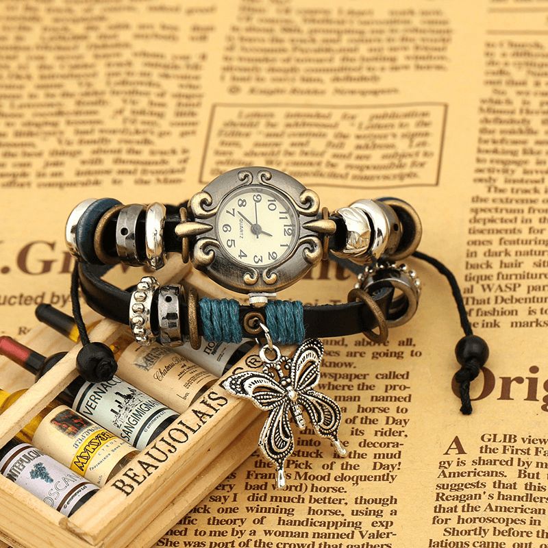 Vintage Multicouche Cuir De Vache Femmes Bracelet Montre Papillon Pendentif Montre À Quartz