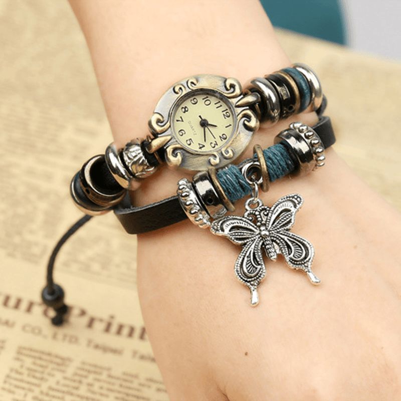 Vintage Multicouche Cuir De Vache Femmes Bracelet Montre Papillon Pendentif Montre À Quartz