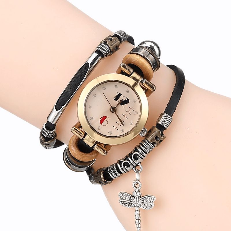 Vintage Multicouche Femmes Bracelet Montre Diamant Libellule Pendentif Bracelet En Cuir Montre À Quartz