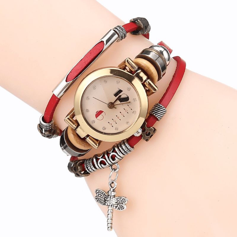 Vintage Multicouche Femmes Bracelet Montre Diamant Libellule Pendentif Bracelet En Cuir Montre À Quartz