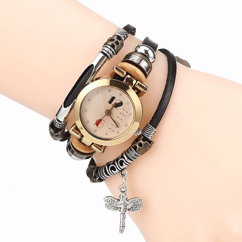 Vintage Multicouche Femmes Bracelet Montre Diamant Libellule Pendentif Bracelet En Cuir Montre À Quartz