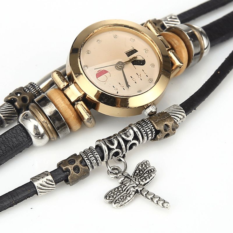 Vintage Multicouche Femmes Bracelet Montre Diamant Libellule Pendentif Bracelet En Cuir Montre À Quartz