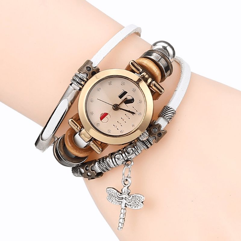 Vintage Multicouche Femmes Bracelet Montre Diamant Libellule Pendentif Bracelet En Cuir Montre À Quartz