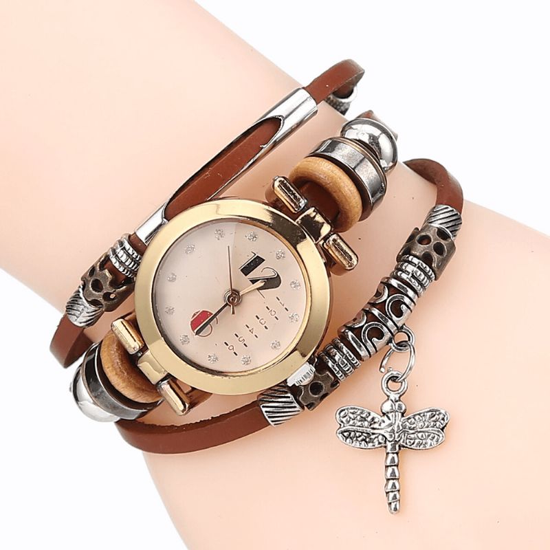 Vintage Multicouche Femmes Bracelet Montre Diamant Libellule Pendentif Bracelet En Cuir Montre À Quartz