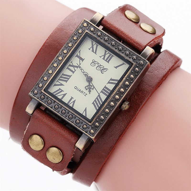 Vintage Retro Style Hommes Montre Rectangle Cadran Réglable Bracelet En Cuir Deux Fermoir Femmes Quartz Montre