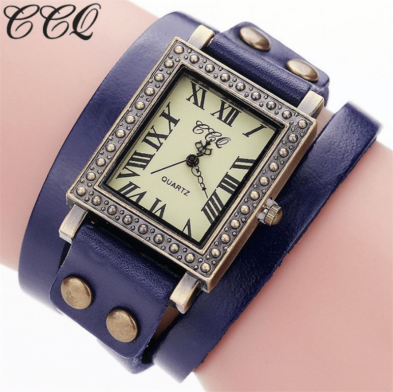 Vintage Retro Style Hommes Montre Rectangle Cadran Réglable Bracelet En Cuir Deux Fermoir Femmes Quartz Montre