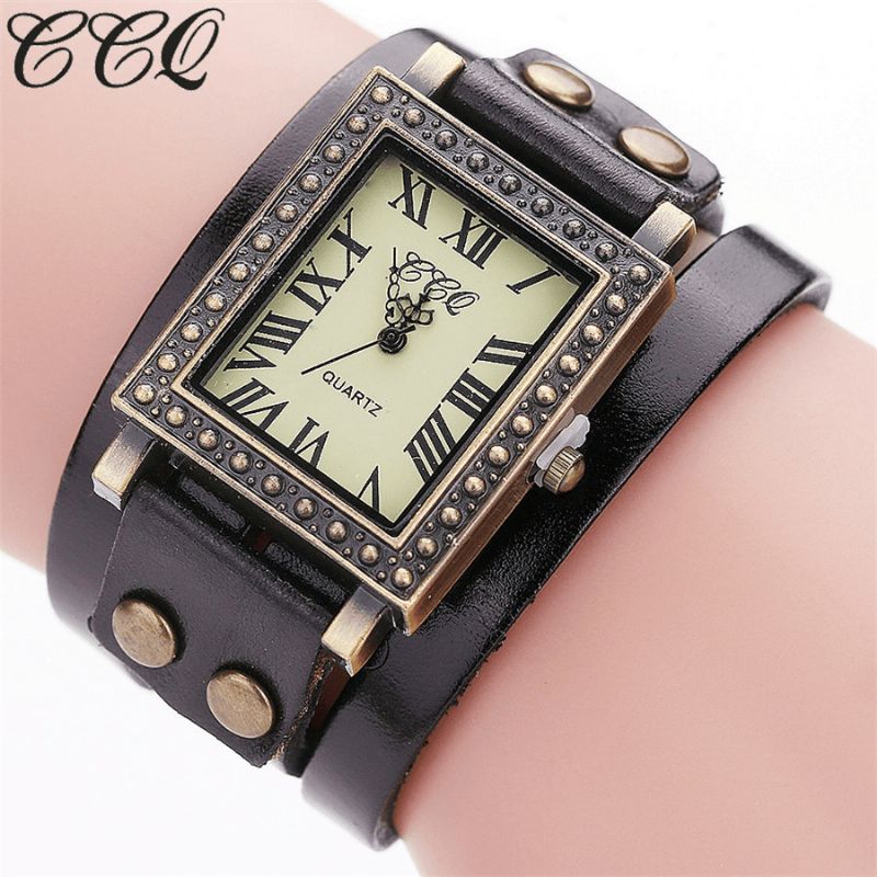 Vintage Retro Style Hommes Montre Rectangle Cadran Réglable Bracelet En Cuir Deux Fermoir Femmes Quartz Montre