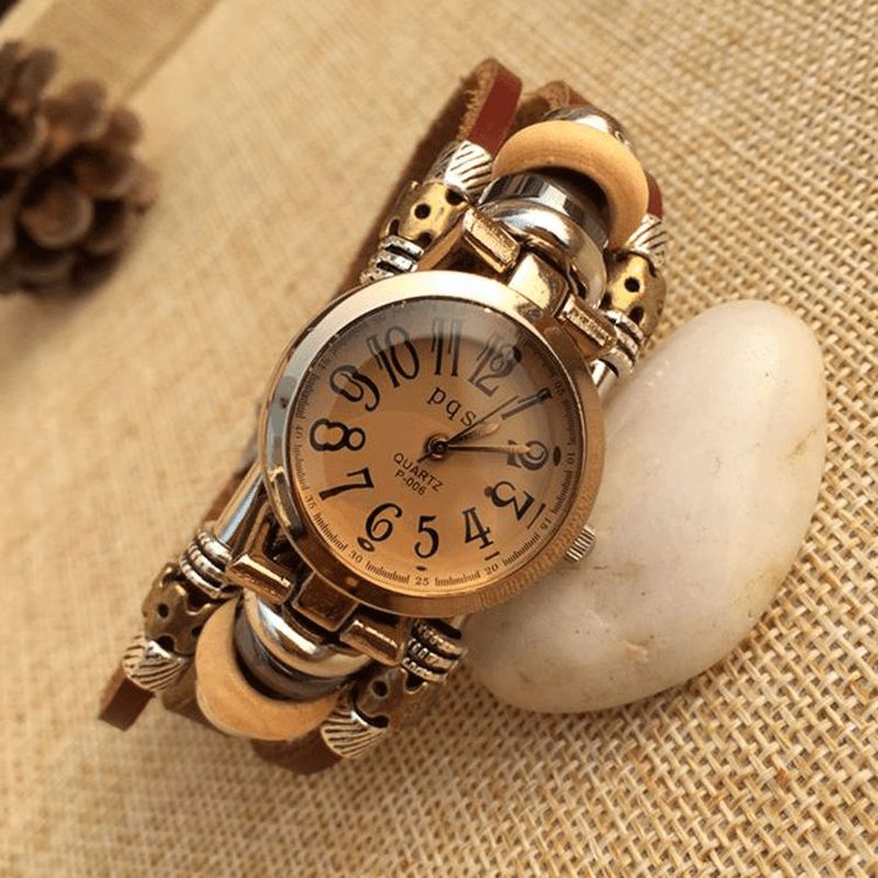 Vintage Simple Cadran Femmes Bracelet Montre Alliage Cas Multicouche Quartz Montre