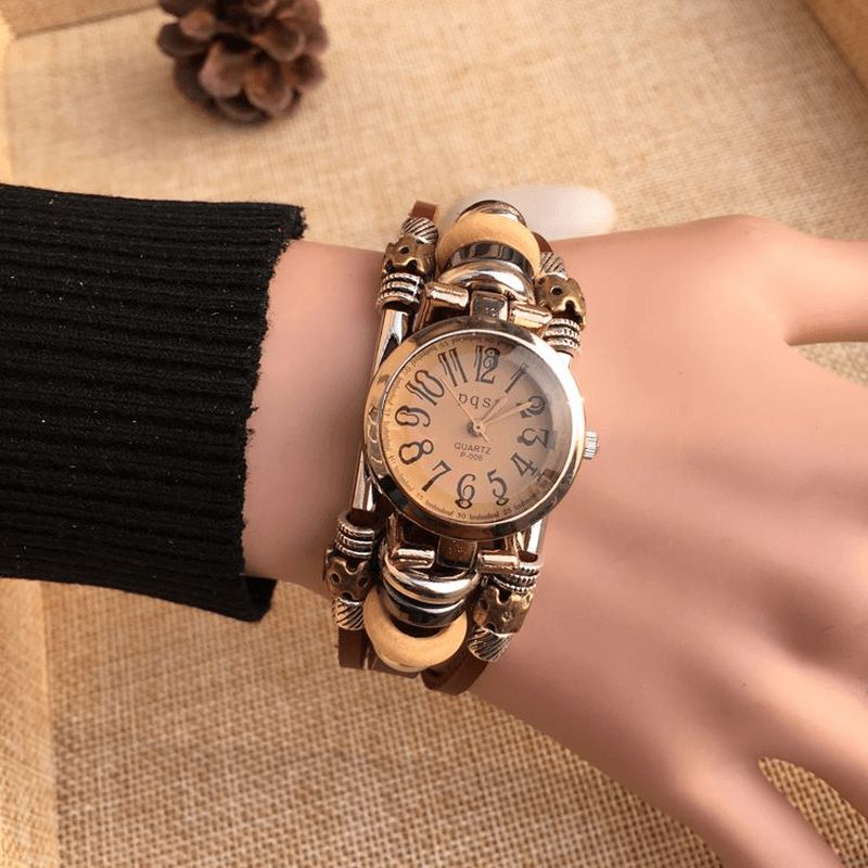 Vintage Simple Cadran Femmes Bracelet Montre Alliage Cas Multicouche Quartz Montre