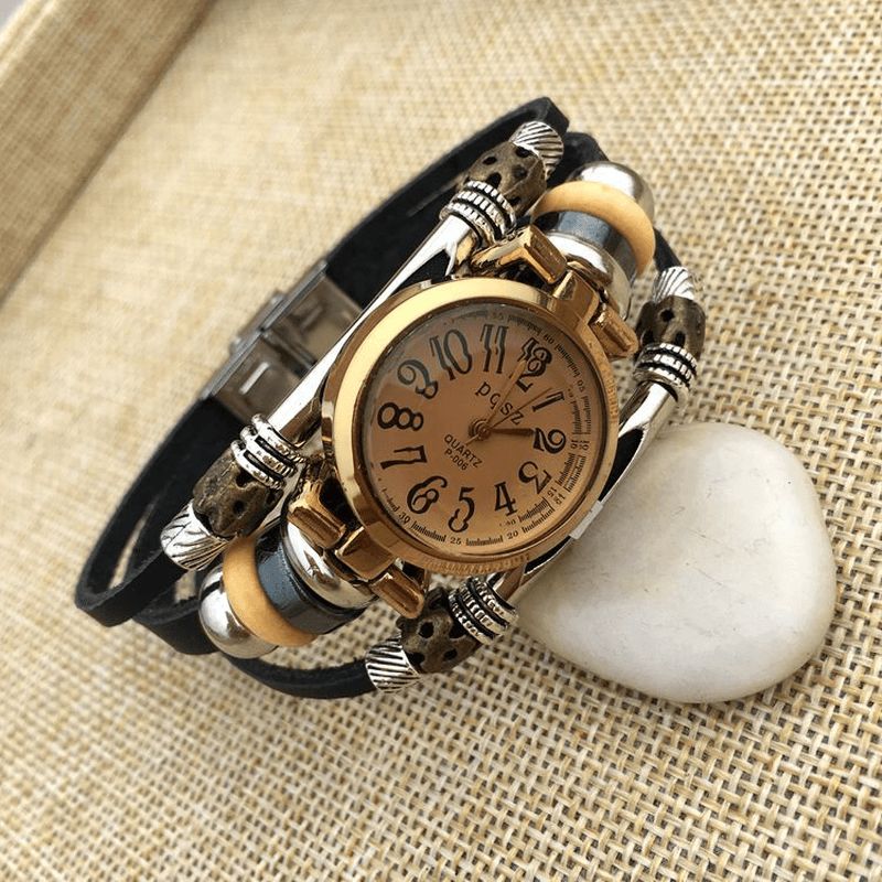 Vintage Simple Cadran Femmes Bracelet Montre Alliage Cas Multicouche Quartz Montre