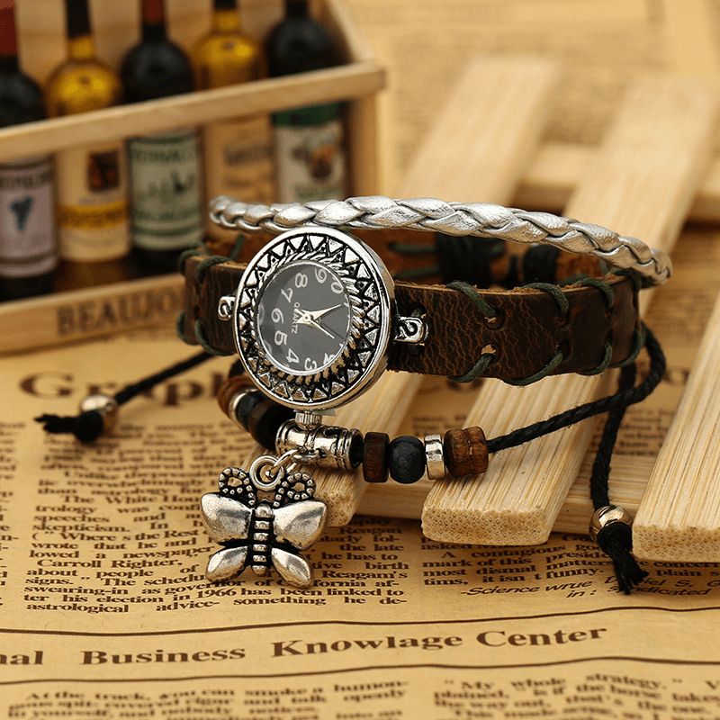 Vintage Vache Cuir Femmes Bracelet Montre Papillon Pendentif Petit Cadran Quartz Montre