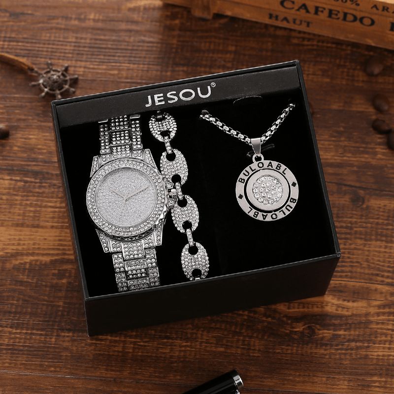 XSvo 3 Pcs Full Diamond Steel Band Hip Hop Tempérament Quartz Montre Strass Bracelet Collier Ensemble