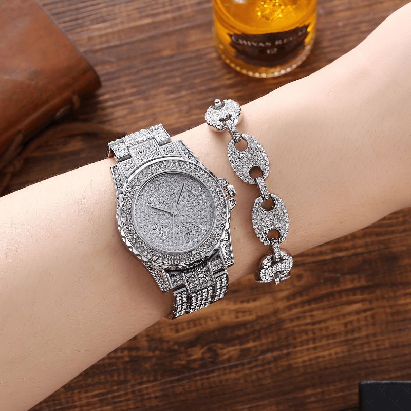 XSvo 3 Pcs Full Diamond Steel Band Hip Hop Tempérament Quartz Montre Strass Bracelet Collier Ensemble