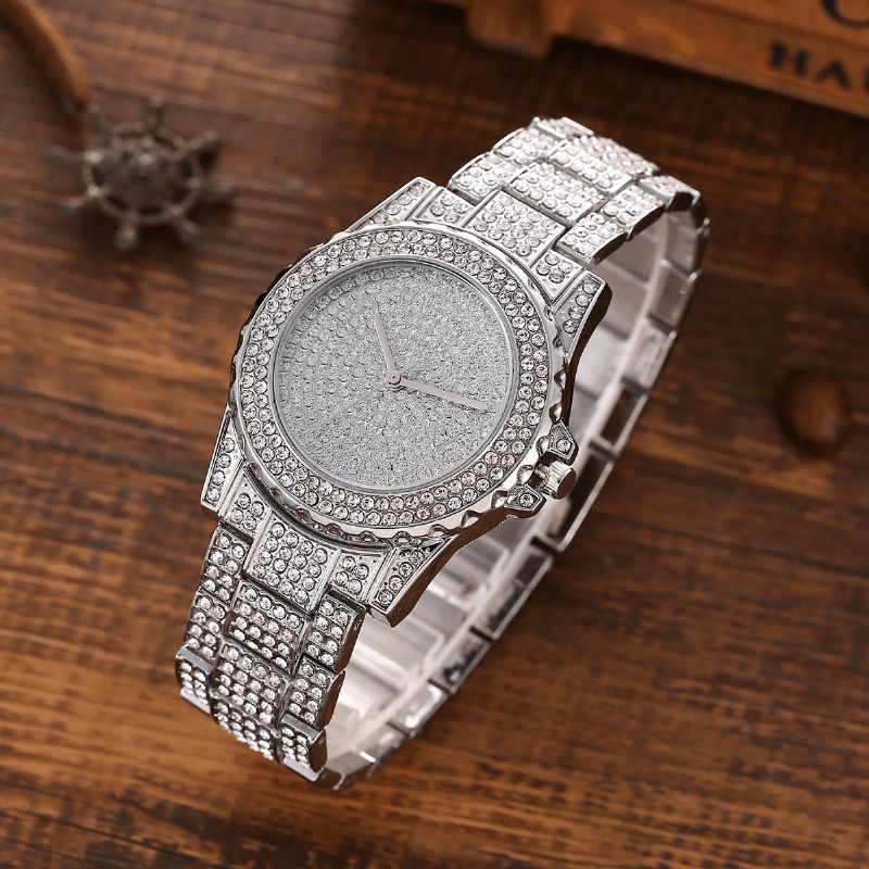 XSvo 3 Pcs Full Diamond Steel Band Hip Hop Tempérament Quartz Montre Strass Bracelet Collier Ensemble