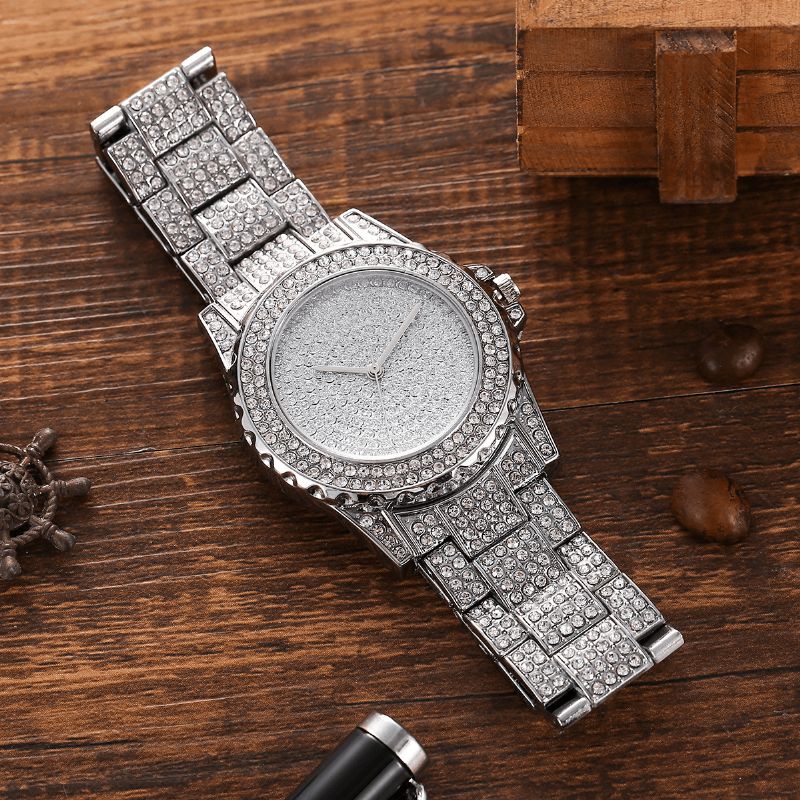 XSvo 3 Pcs Full Diamond Steel Band Hip Hop Tempérament Quartz Montre Strass Bracelet Collier Ensemble