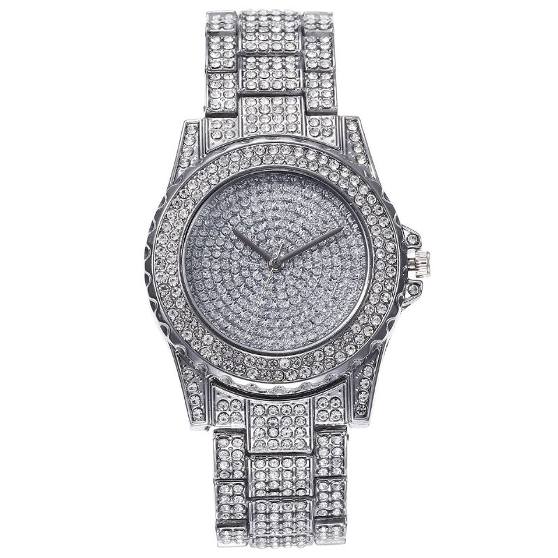 XSvo 3 Pcs Full Diamond Steel Band Hip Hop Tempérament Quartz Montre Strass Bracelet Collier Ensemble