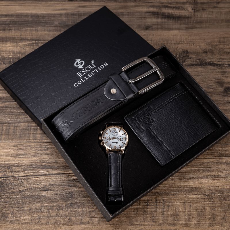 XSvo 3 Pièces Hommes Coffret Cadeau Classique Affaires Bracelet En Cuir Mâle Montre À Quartz Pliant Portefeuille Ceinture