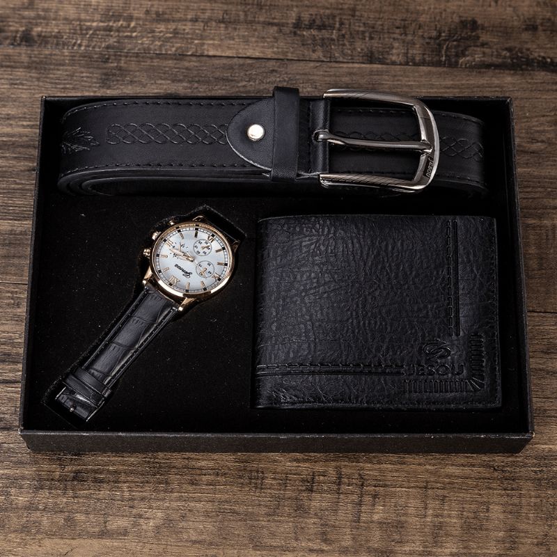 XSvo 3 Pièces Hommes Coffret Cadeau Classique Affaires Bracelet En Cuir Mâle Montre À Quartz Pliant Portefeuille Ceinture