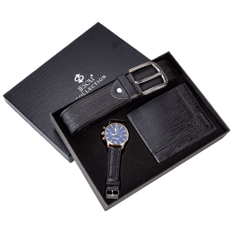 XSvo 3 Pièces Hommes Coffret Cadeau Classique Affaires Bracelet En Cuir Mâle Montre À Quartz Pliant Portefeuille Ceinture