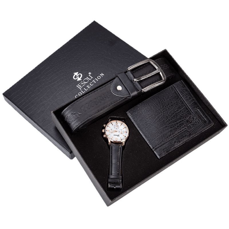 XSvo 3 Pièces Hommes Coffret Cadeau Classique Affaires Bracelet En Cuir Mâle Montre À Quartz Pliant Portefeuille Ceinture