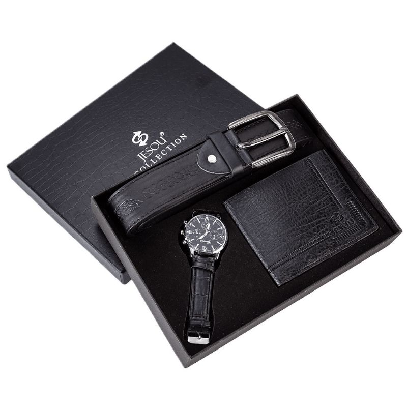 XSvo 3 Pièces Hommes Coffret Cadeau Classique Affaires Bracelet En Cuir Mâle Montre À Quartz Pliant Portefeuille Ceinture