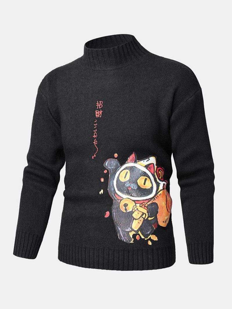 Pulls Tricotés À Col Haut Pour Hommes Motif Chat De Dessin Animé Et Style Ethnique