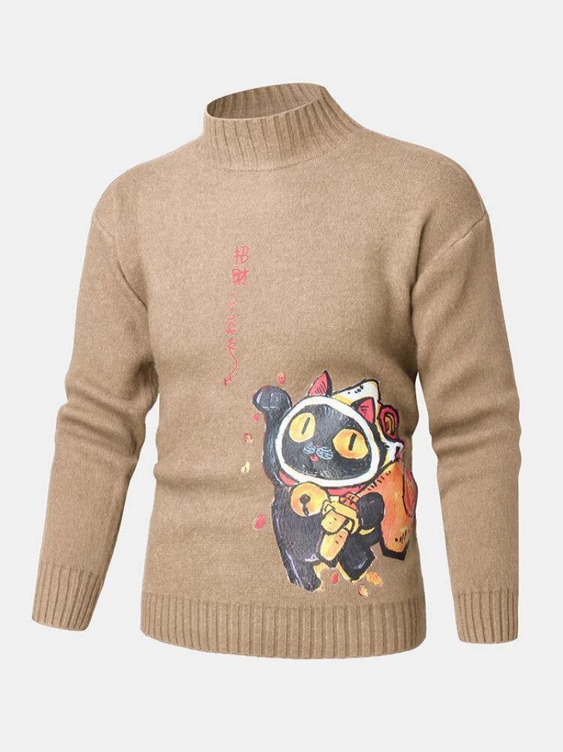 Pulls Tricotés À Col Haut Pour Hommes Motif Chat De Dessin Animé Et Style Ethnique