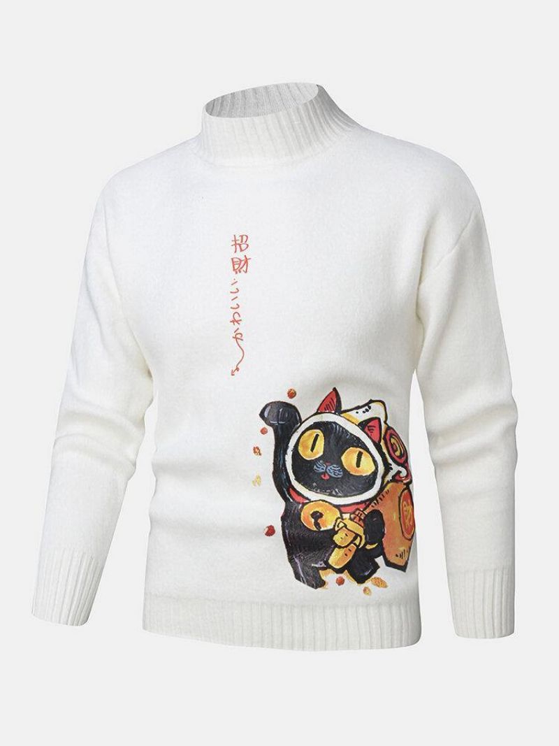 Pulls Tricotés À Col Haut Pour Hommes Motif Chat De Dessin Animé Et Style Ethnique