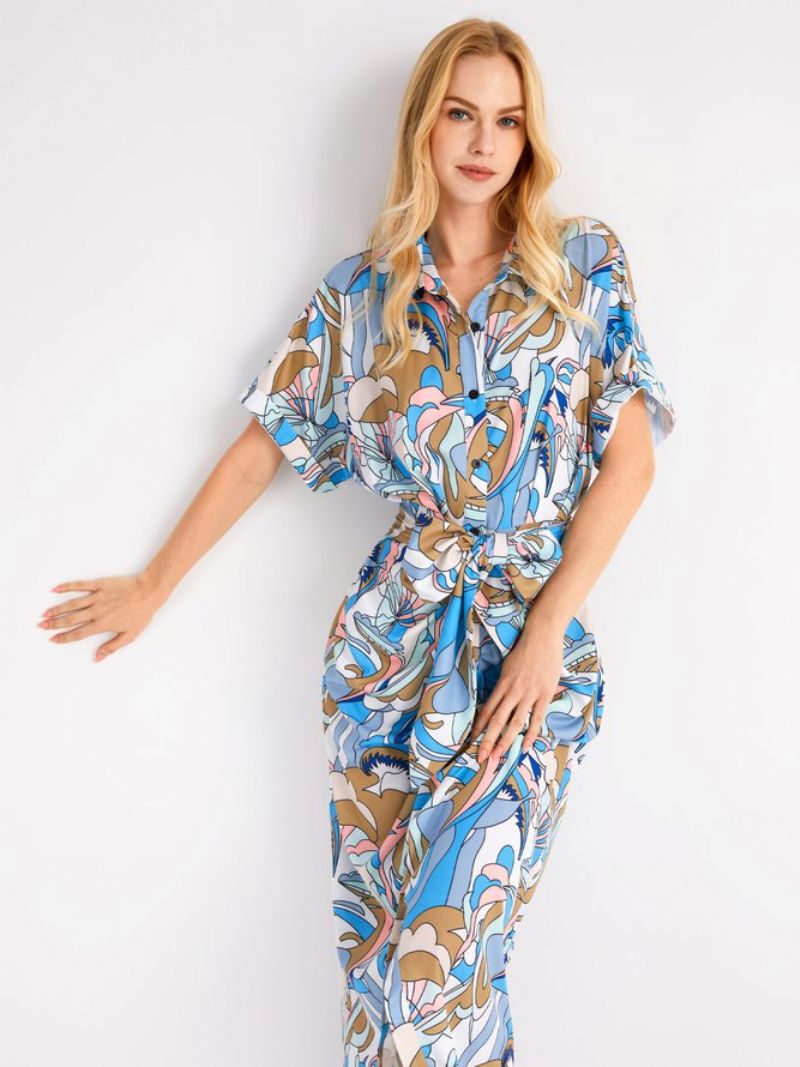 Robe Ajustée À Manches Courtes Imprimée Vacances