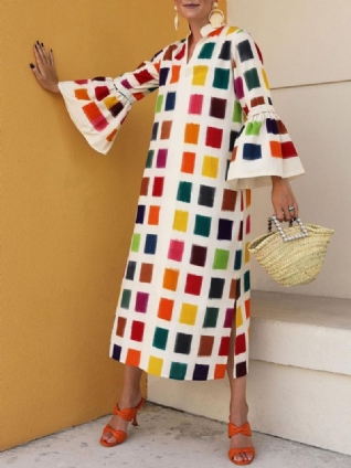 Robe Ample Imprimée De Blocs De Couleurs De Vacances À Col En V